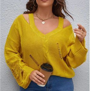 Plus Open Stitch Cut Out Drop Shoulder Sweater
